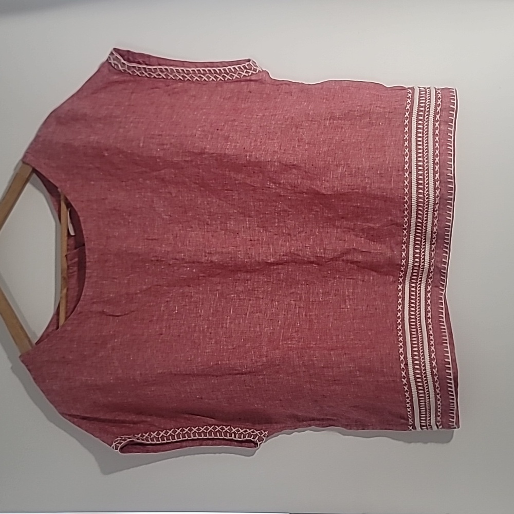 Sigrid Olsen Nantucket Red Cap Sleeve Embroidered Edge Linen Top Size L